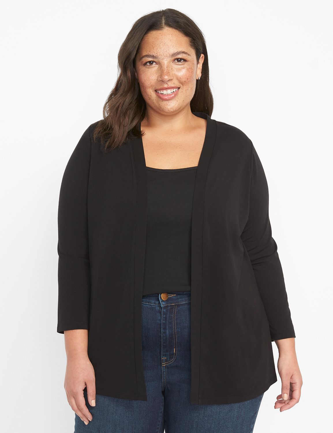 3 4 Sleeve Ruched Sleeve Open Front Lane Essential Over Piece 1127185 Ascena Black 34 36