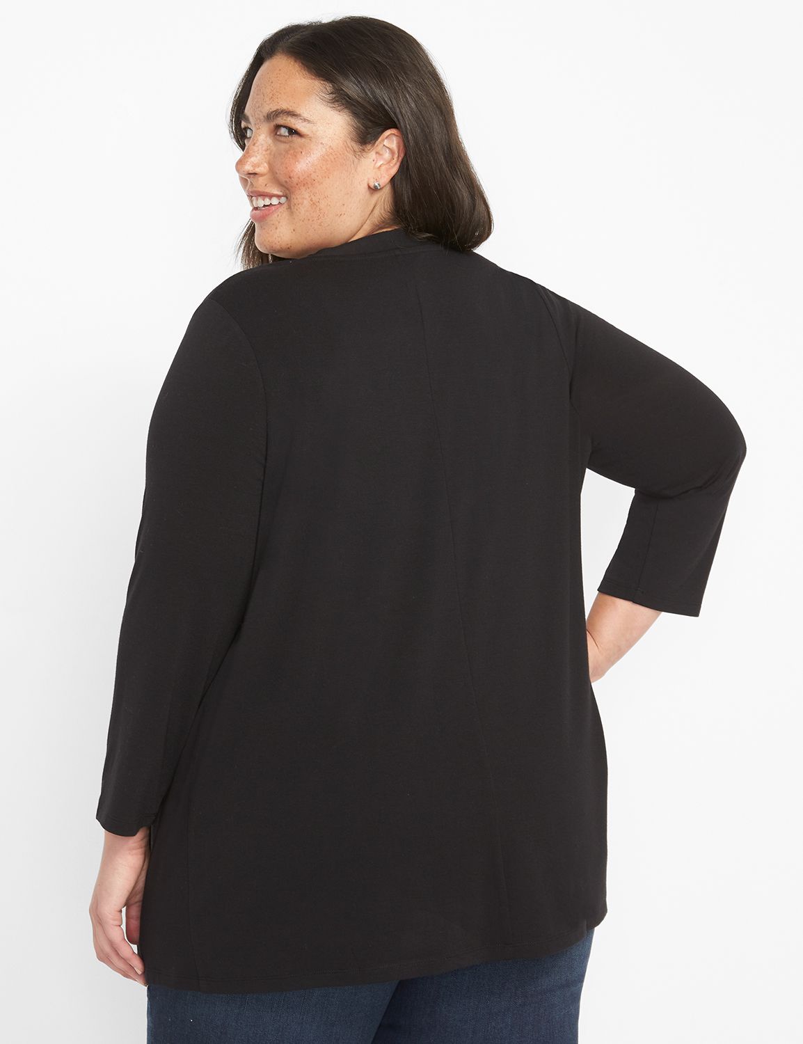 Classic 3/4 Ruched-Sleeve Open-Front Overpiece | LaneBryant