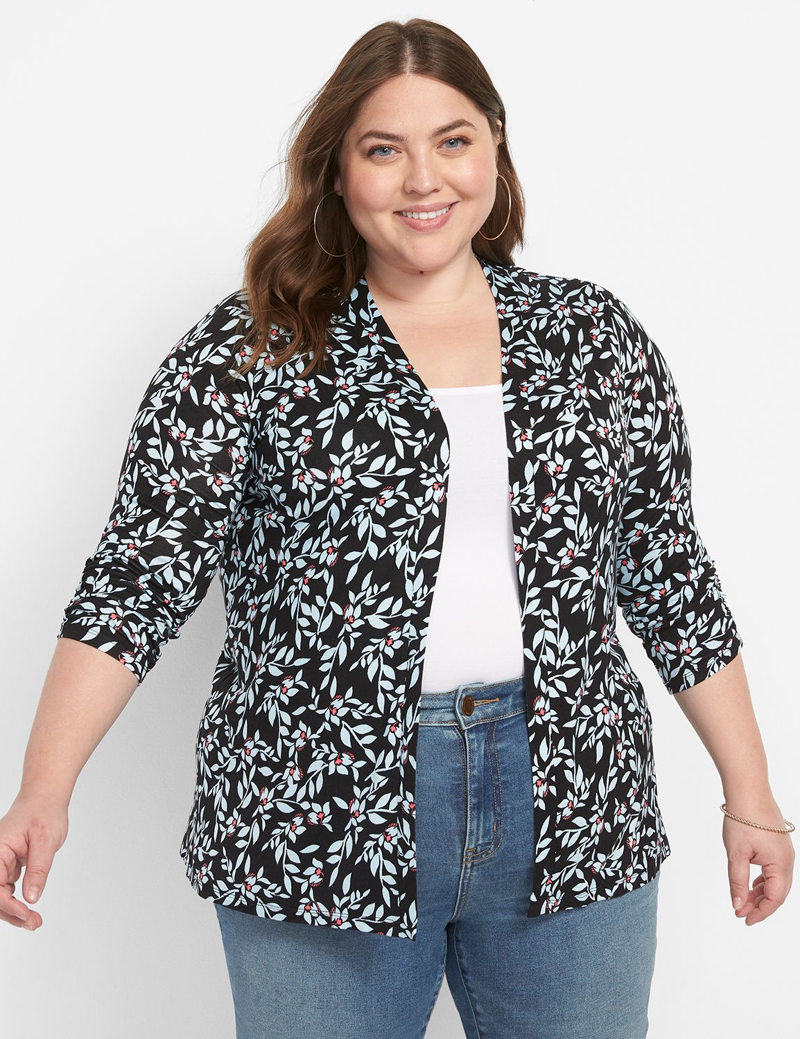 3/4 Sleeve Ruched Sleeve Open Front Product Image 1