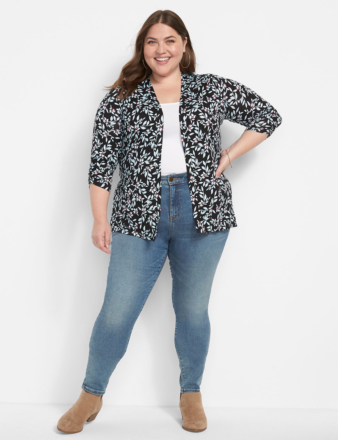 3/4 Sleeve Ruched Sleeve Open Front Product Image 3