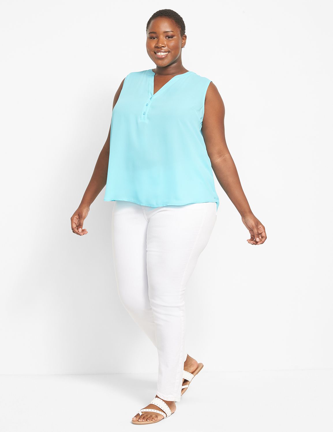 Sleeveless Button Front Popover Cam