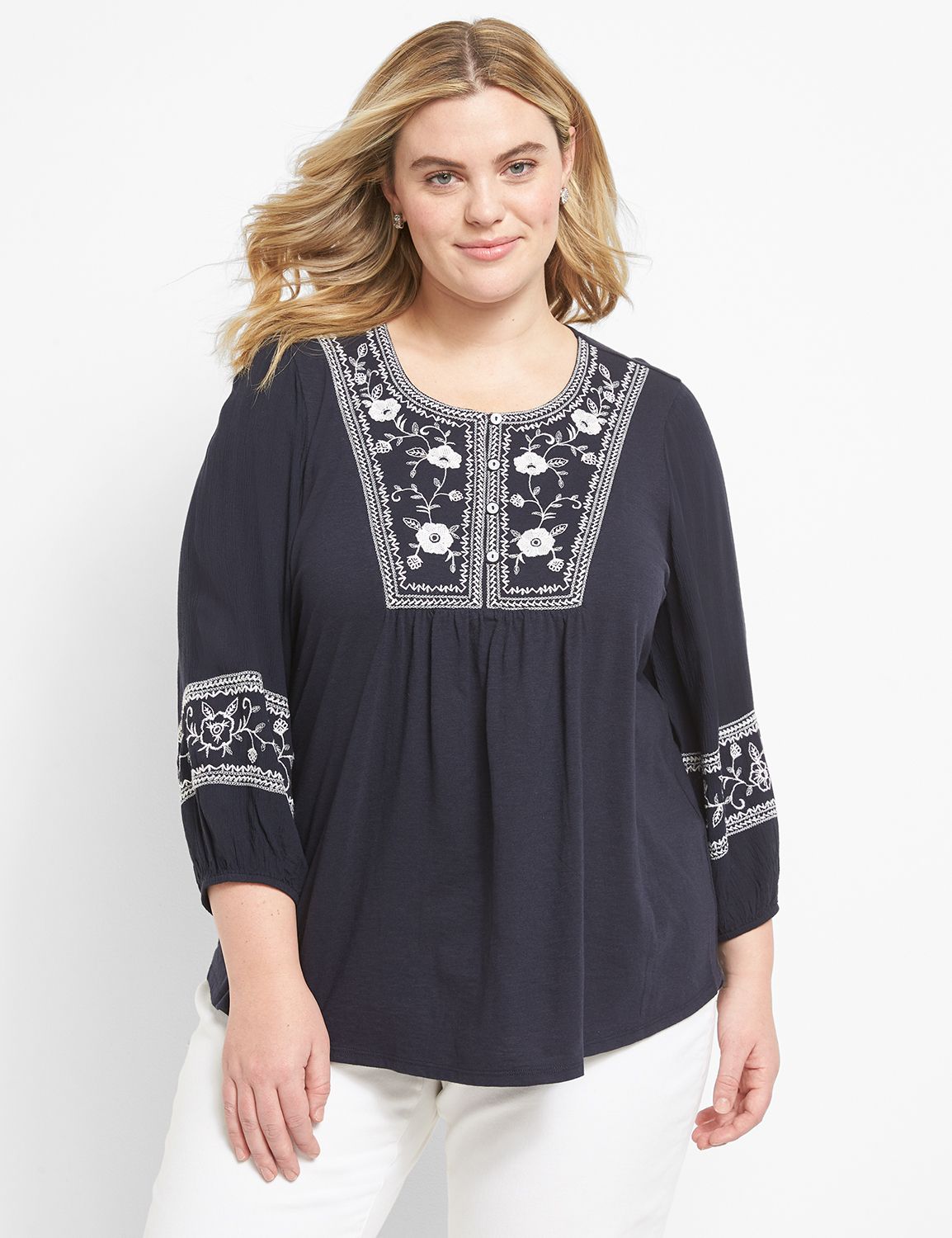 Blouson-Sleeve Henley Embroidered Top