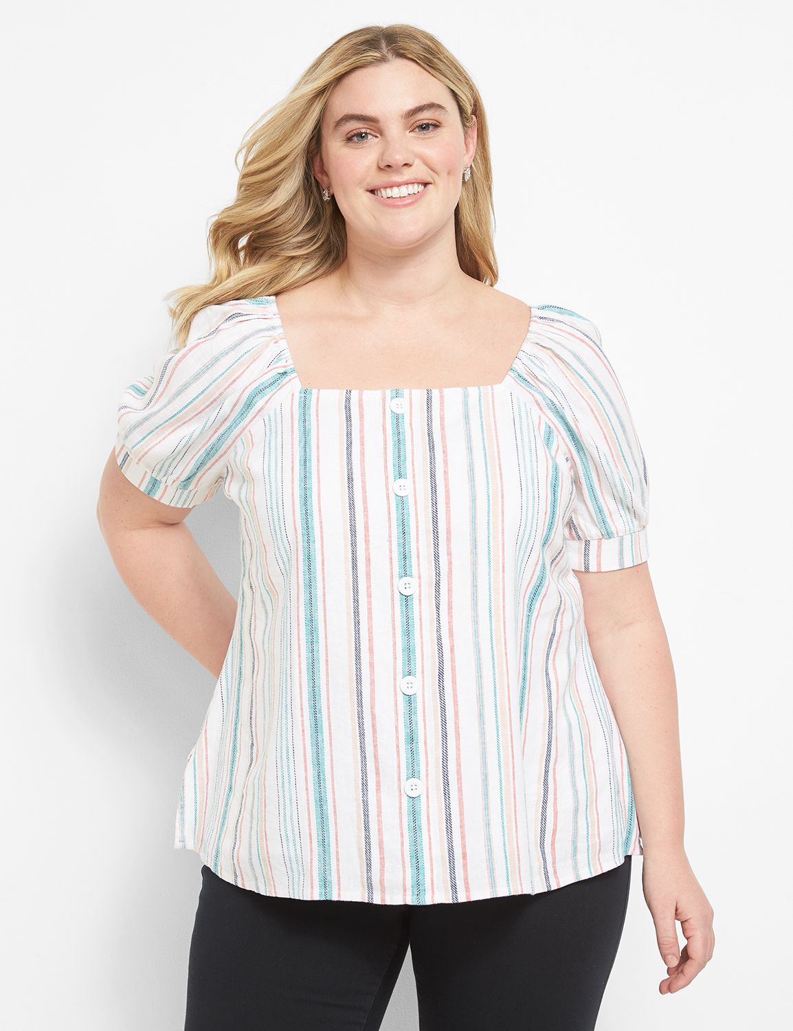 Square-Neck Striped Top With Button Detail