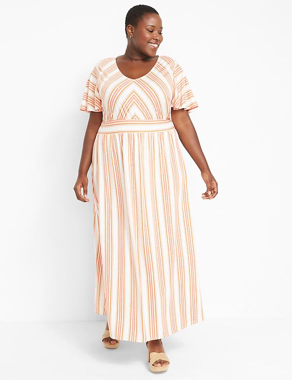 Short Flutter-Sleeve Striped Maxi Dress