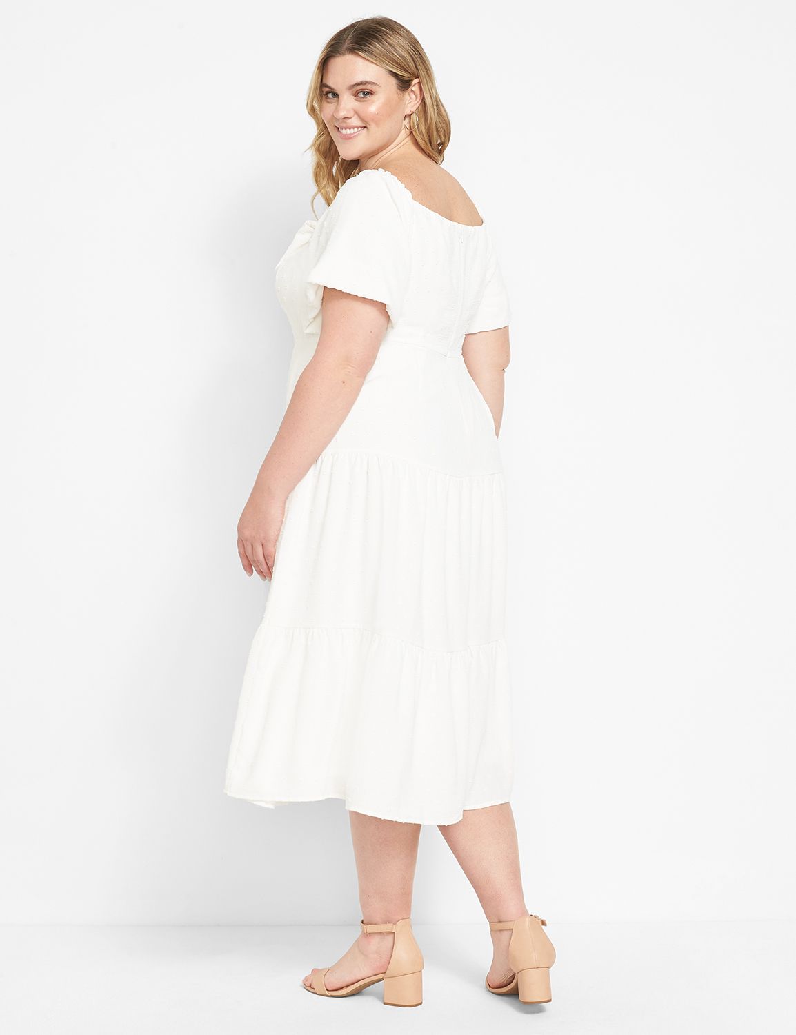 White Short Sleeve Textured Button Midi Dress, Plus Size Short White Dress