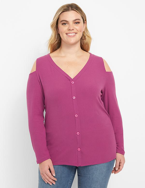 Cold-Shoulder Knit Top With Button-Front Detail
