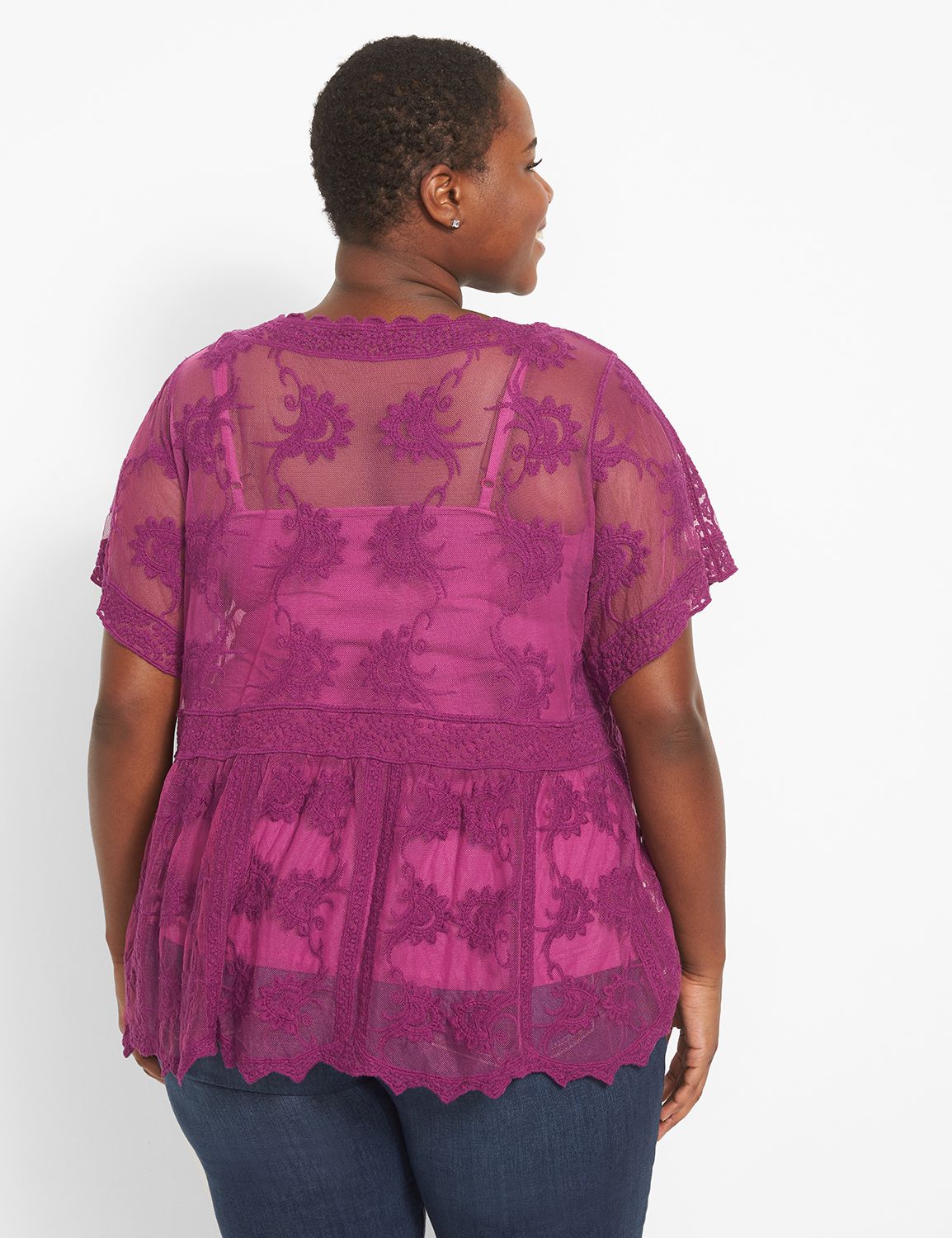 Classic Short-Sleeve Embroidered Sheer Mesh Peplum Blouse