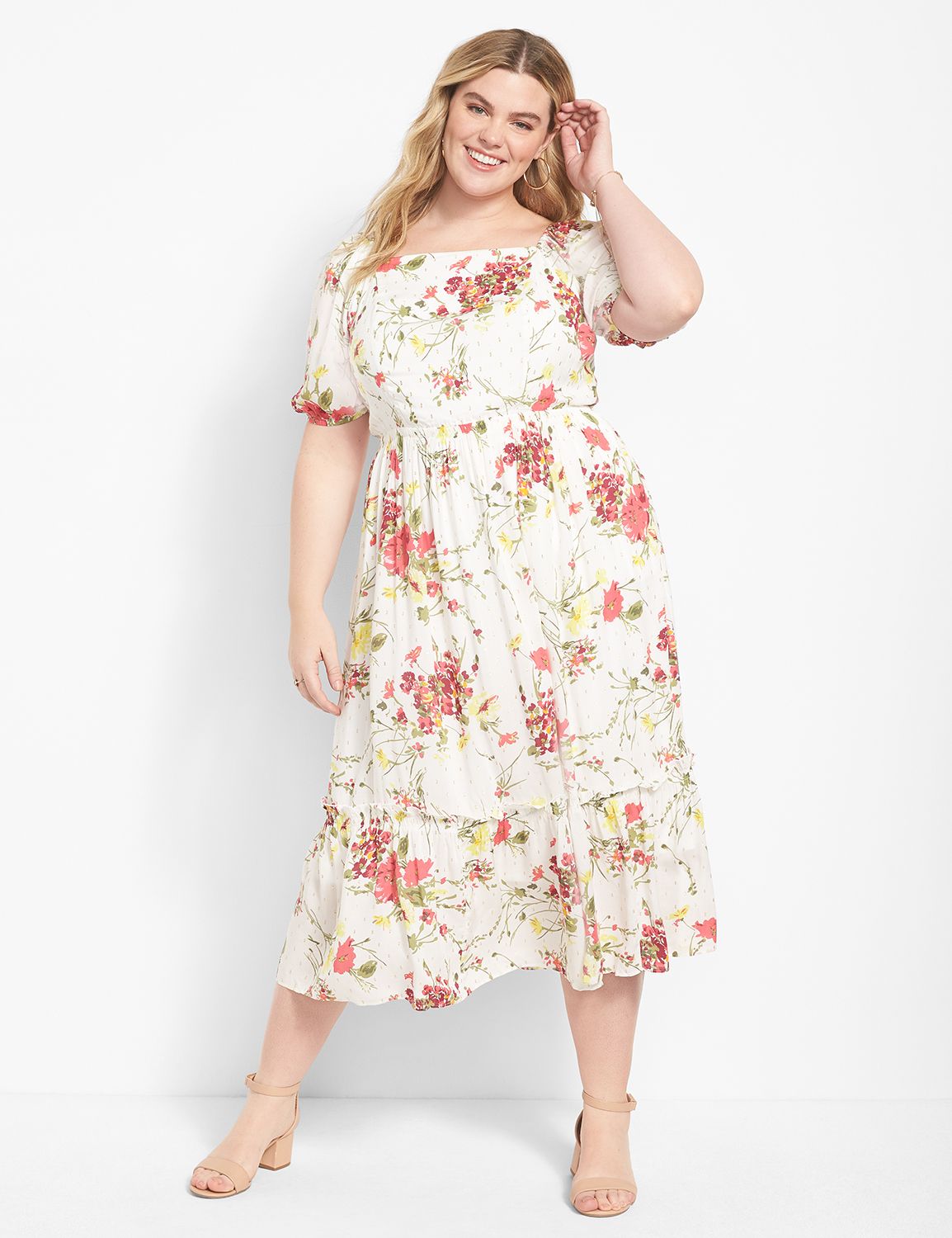 knee length dresses for ladies Baltic Born Womens Denzel Puff Sleeve Midi Dress | Multi Floral main image 0