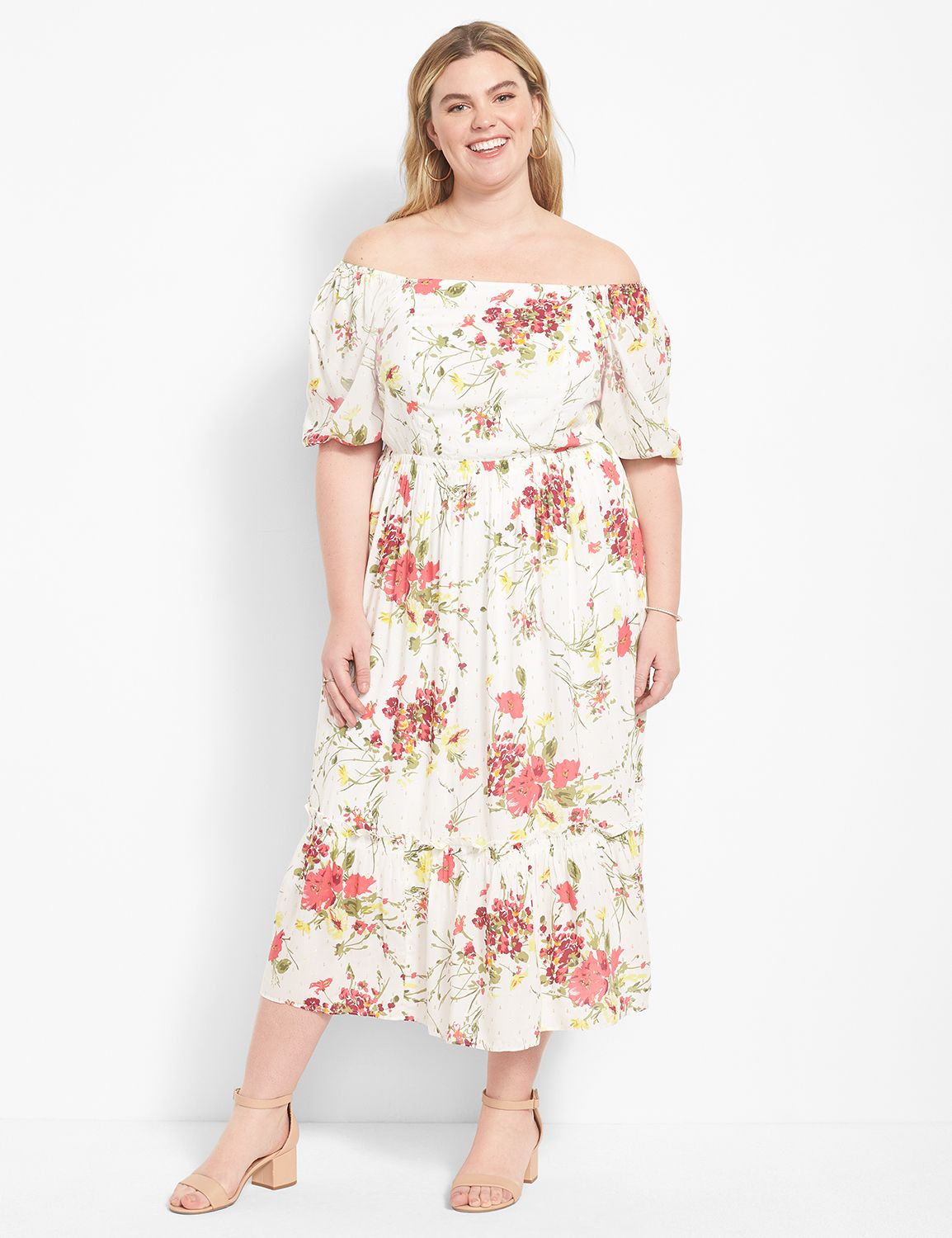 knee length dresses for ladies Short Puff Sleeve Drawstring Waist Tiered Midi Dress Plum Multi / Medium