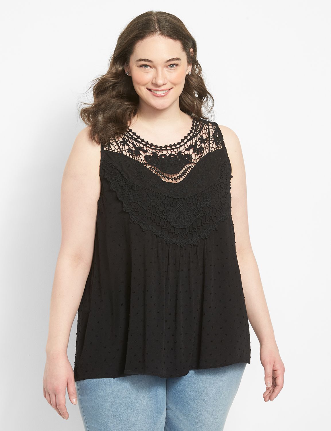 Sleeveless Crew Neck Crochet Yoke T Product Image 1