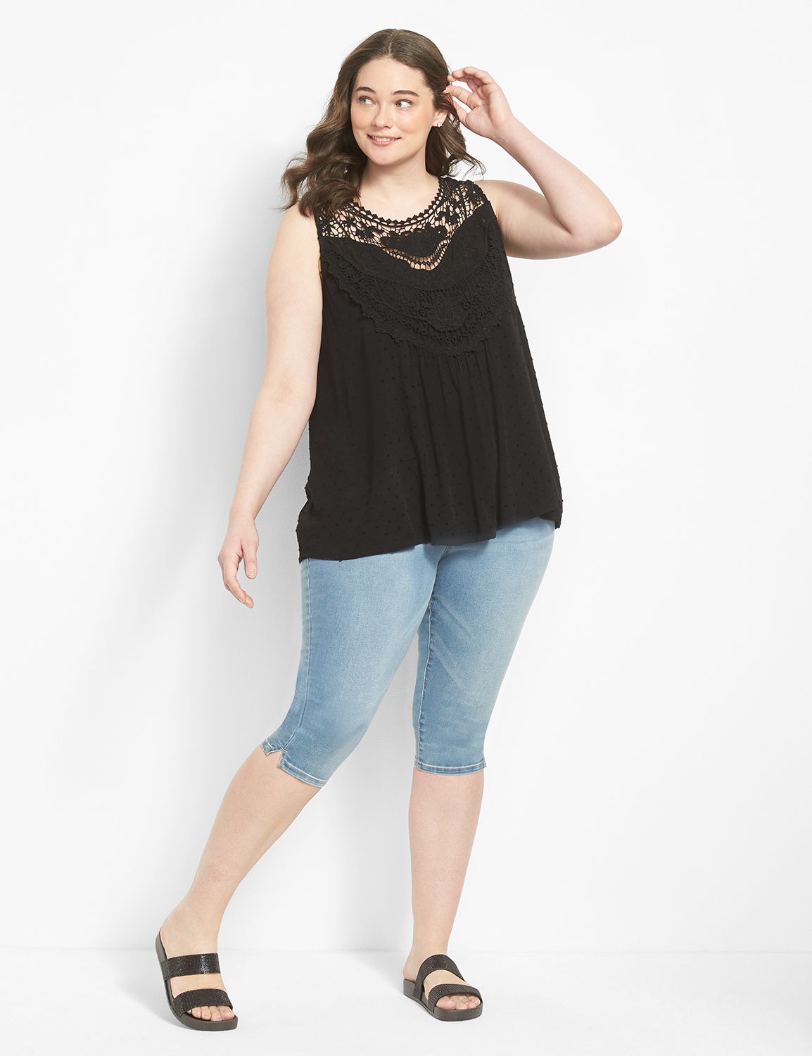 Sleeveless Crew Neck Crochet Yoke T Product Image 3