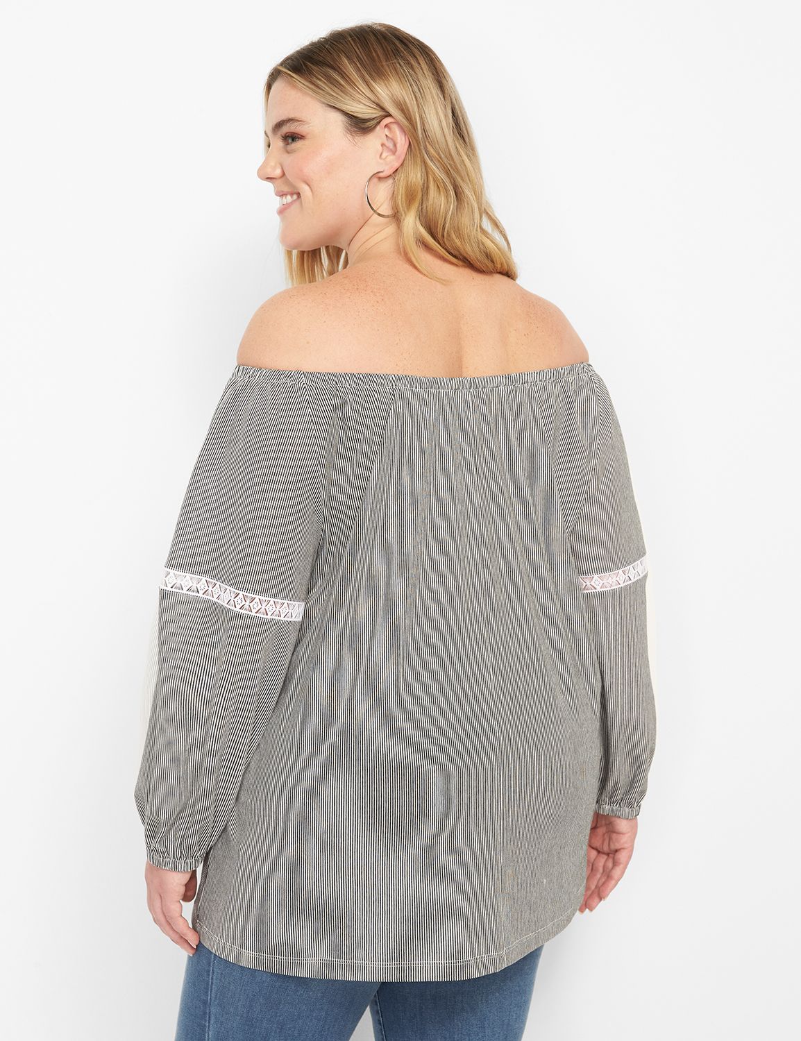 Three Quarter Blouson Sleeve Off The Shoulder Knit Top In Novelty Vertical Stripe 1127186:Stripe:30/32 Product Image 2