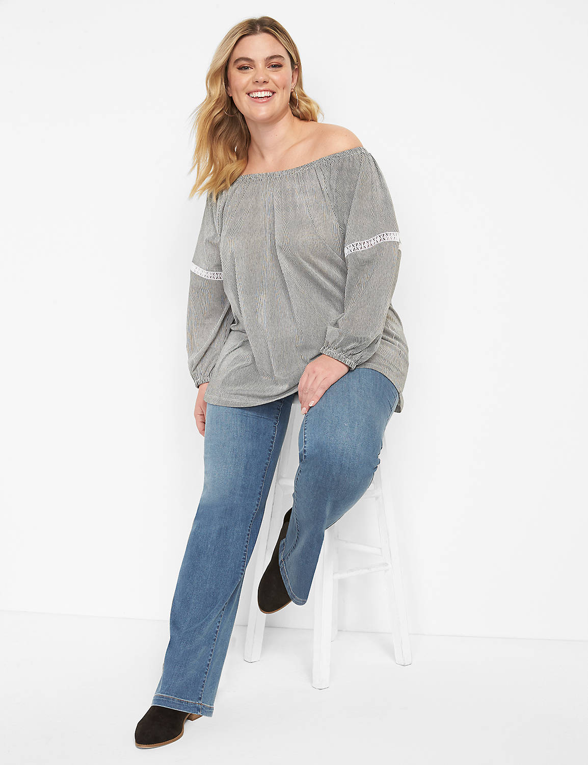 Three Quarter Blouson Sleeve Off The Shoulder Knit Top In Novelty Vertical Stripe 1127186:Stripe:30/32 Product Image 3