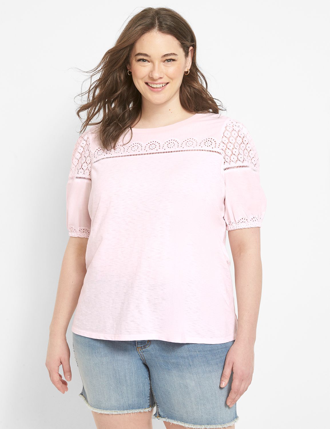 Short Puff Sleeve Crew Neck Tee Wit Product Image 1