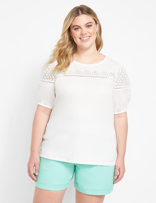 Short Puff-Sleeve Tee With Lace