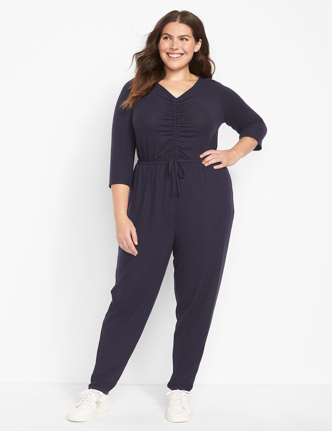 3/4  sleeve Ruched CF V Neck Jumpsu Product Image 1
