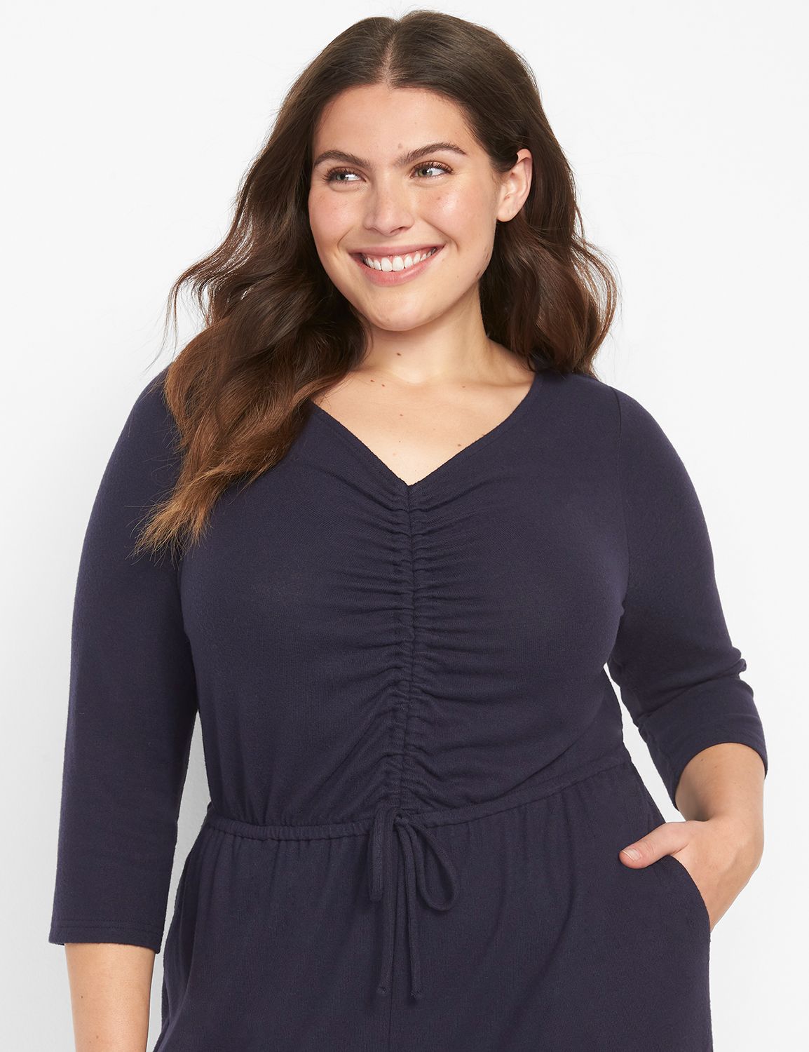 3/4  sleeve Ruched CF V Neck Jumpsu Product Image 3