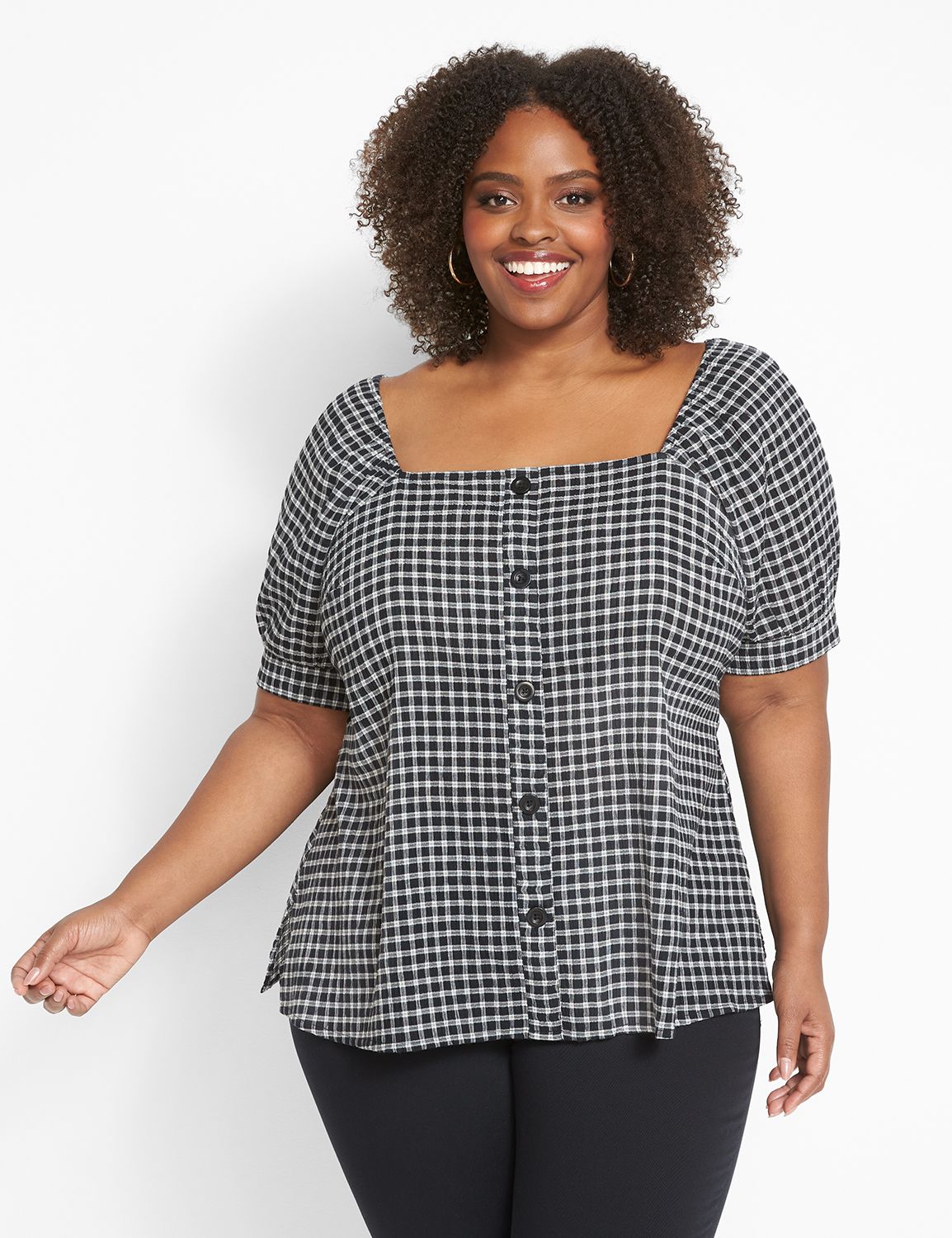 Square-Neck Plaid Top With Button Detail