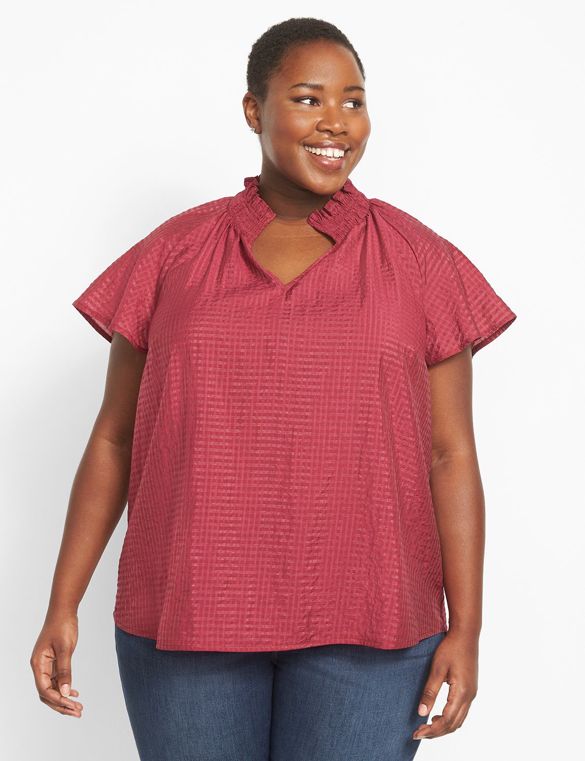 Short Sleeve Smocked Split Neck Top Product Image 1