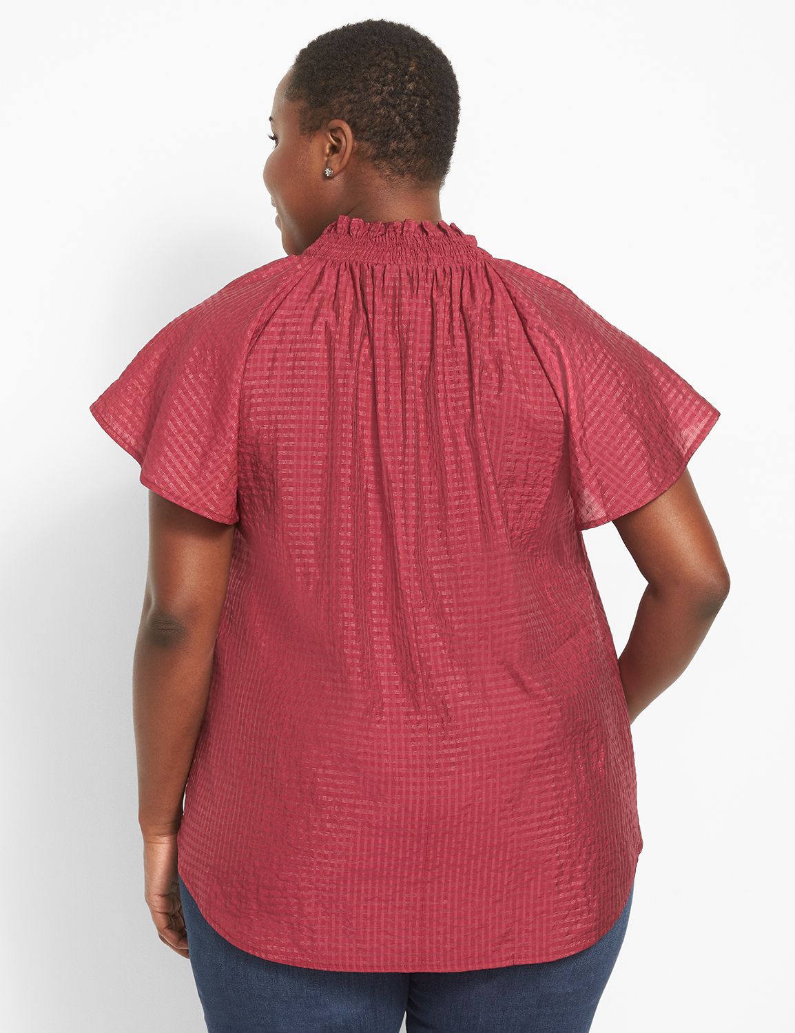 Short Sleeve Smocked Split Neck Top Product Image 2