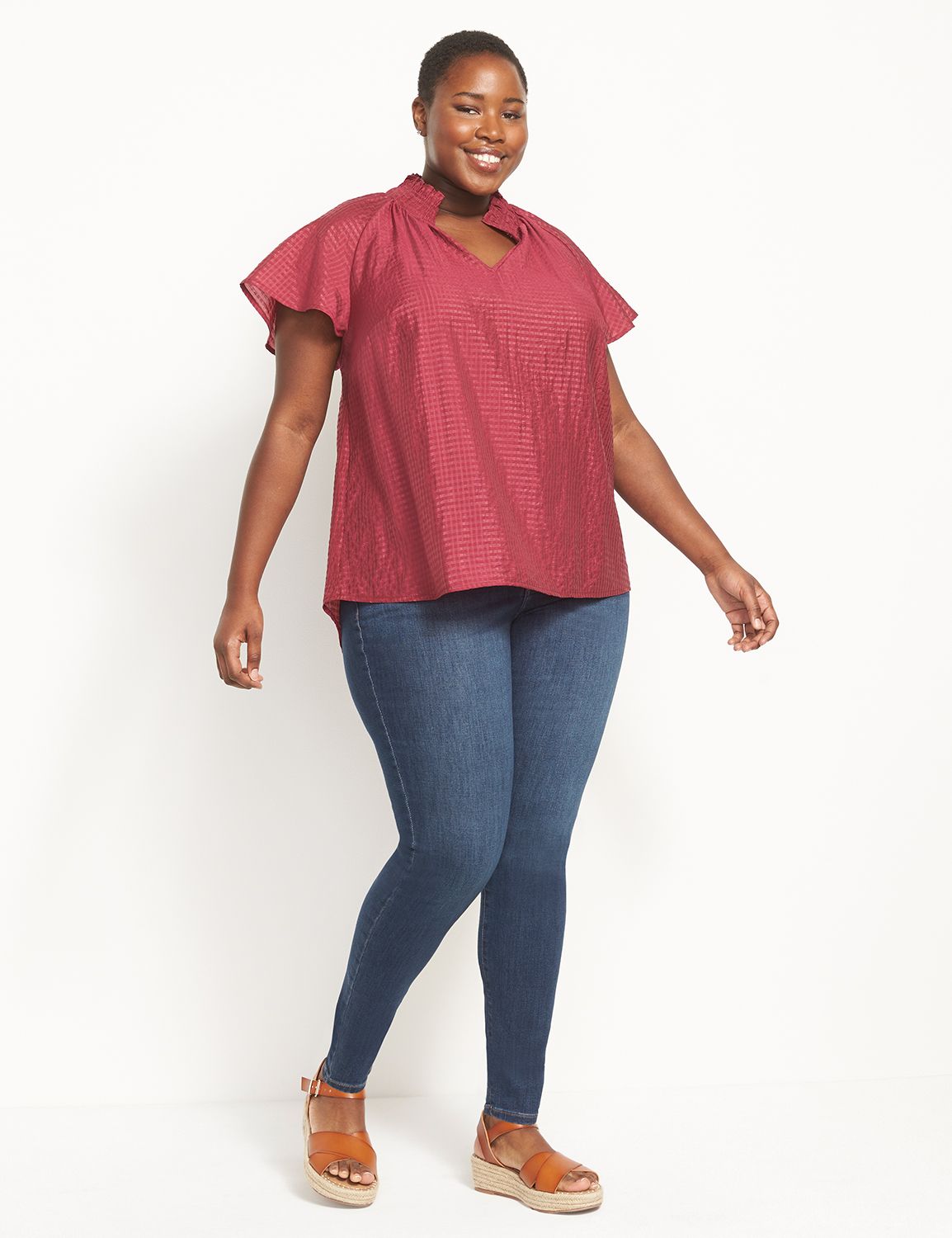 Short Sleeve Smocked Split Neck Top Product Image 3