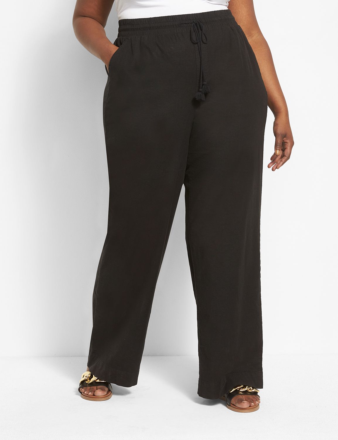 Womens and Plus size Linen Blend Side Tiered Elastic Waist Wide Leg Pants  with Pockets and Frayed Hem in BLACK