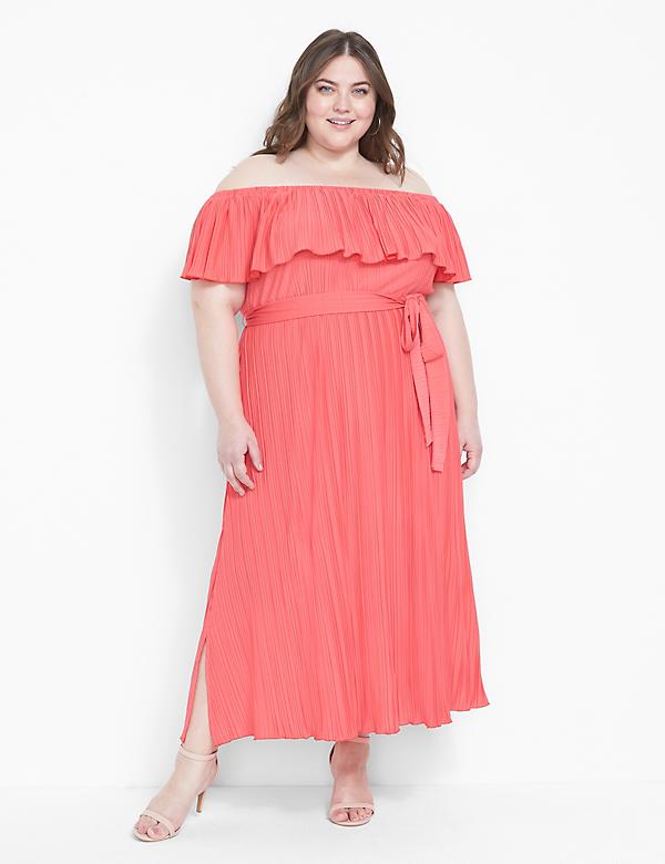 Convertible Off-The-Shoulder Pleated Midi Dress