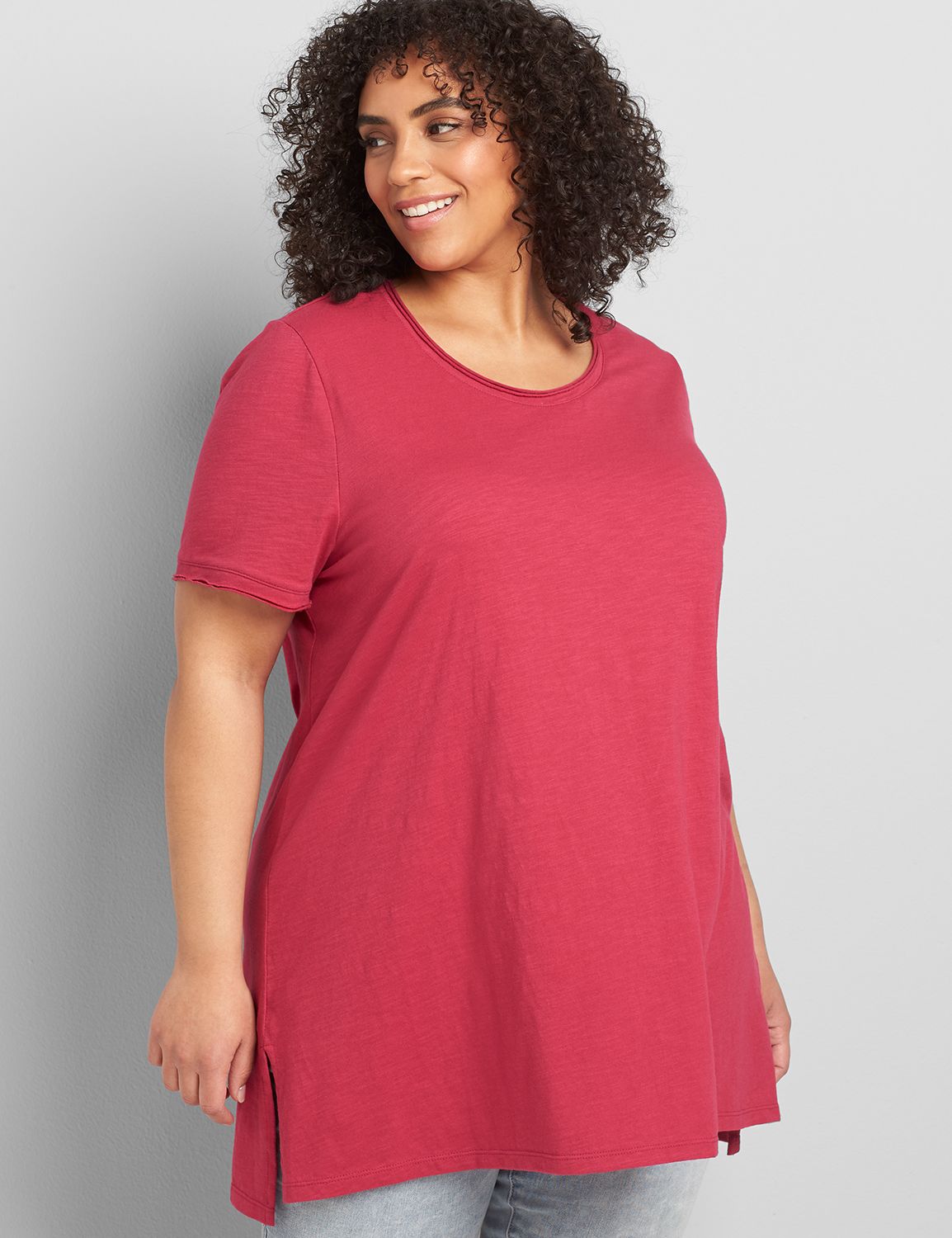 Short Sleeve Scoop Raw Edge Neck Moderate Swing Tunic Tee 1120413:PANTONE Sangria:38/40 Product Image 1