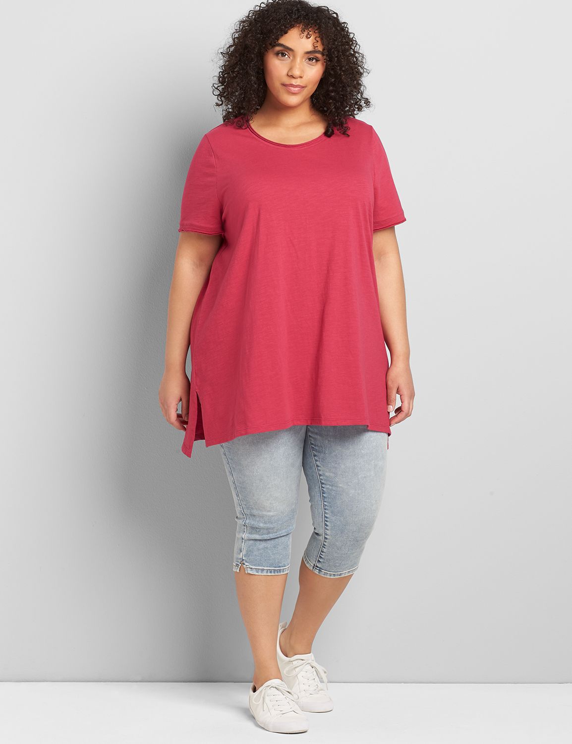 Short Sleeve Scoop Raw Edge Neck Moderate Swing Tunic Tee 1120413:PANTONE Sangria:38/40 Product Image 3