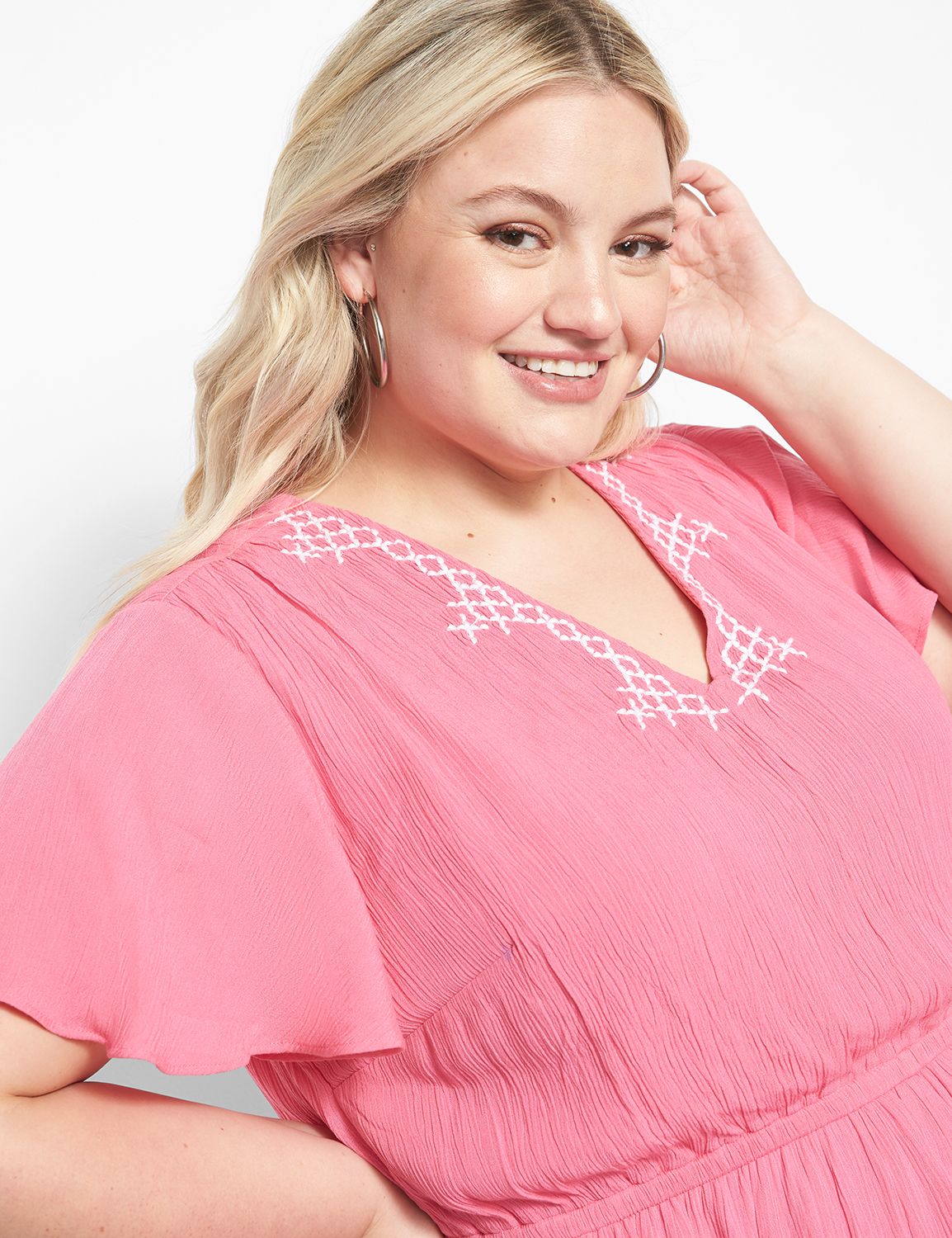 Short Flutter Sleeve V Neck Embroid Product Image 3