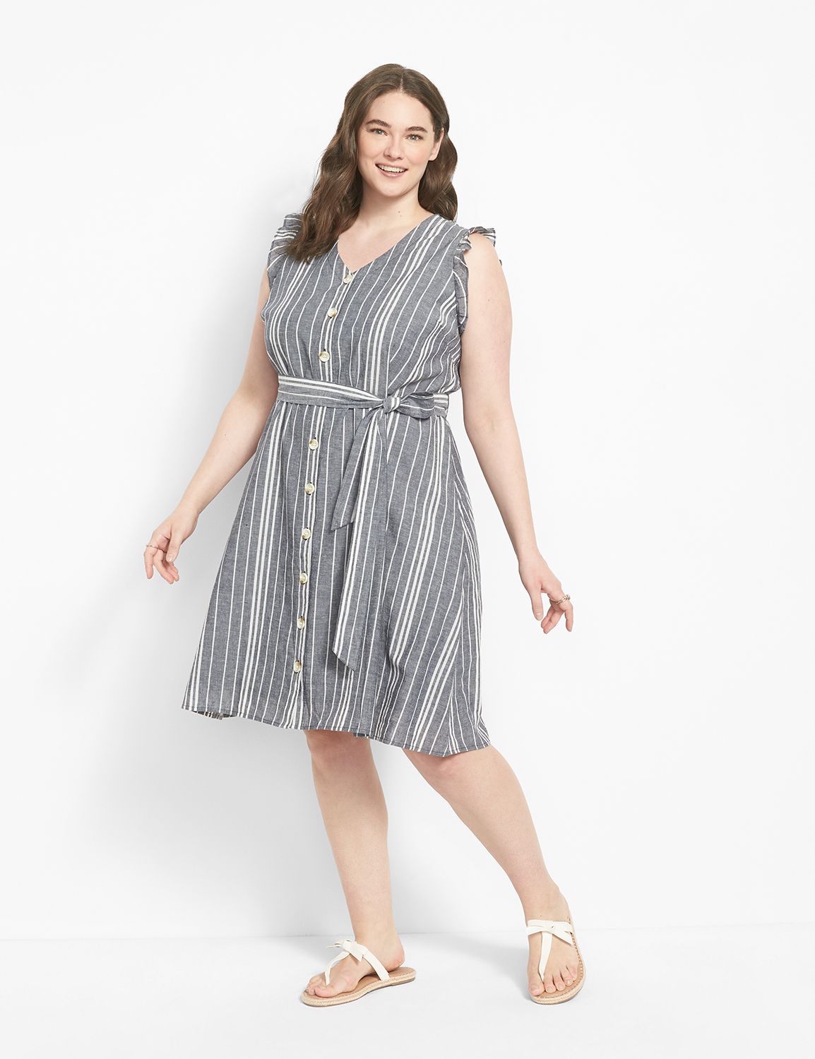 Flutter Cap-Sleeve Button-Front Midi Dress