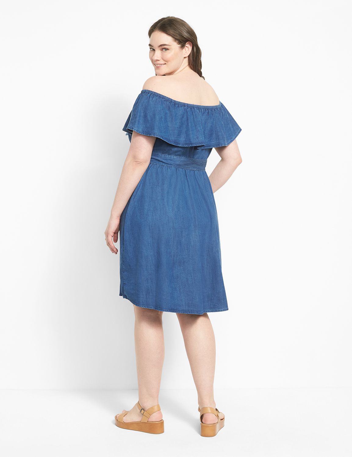 Convertible Off-The-Shoulder Chambray Fit & Flare Dress