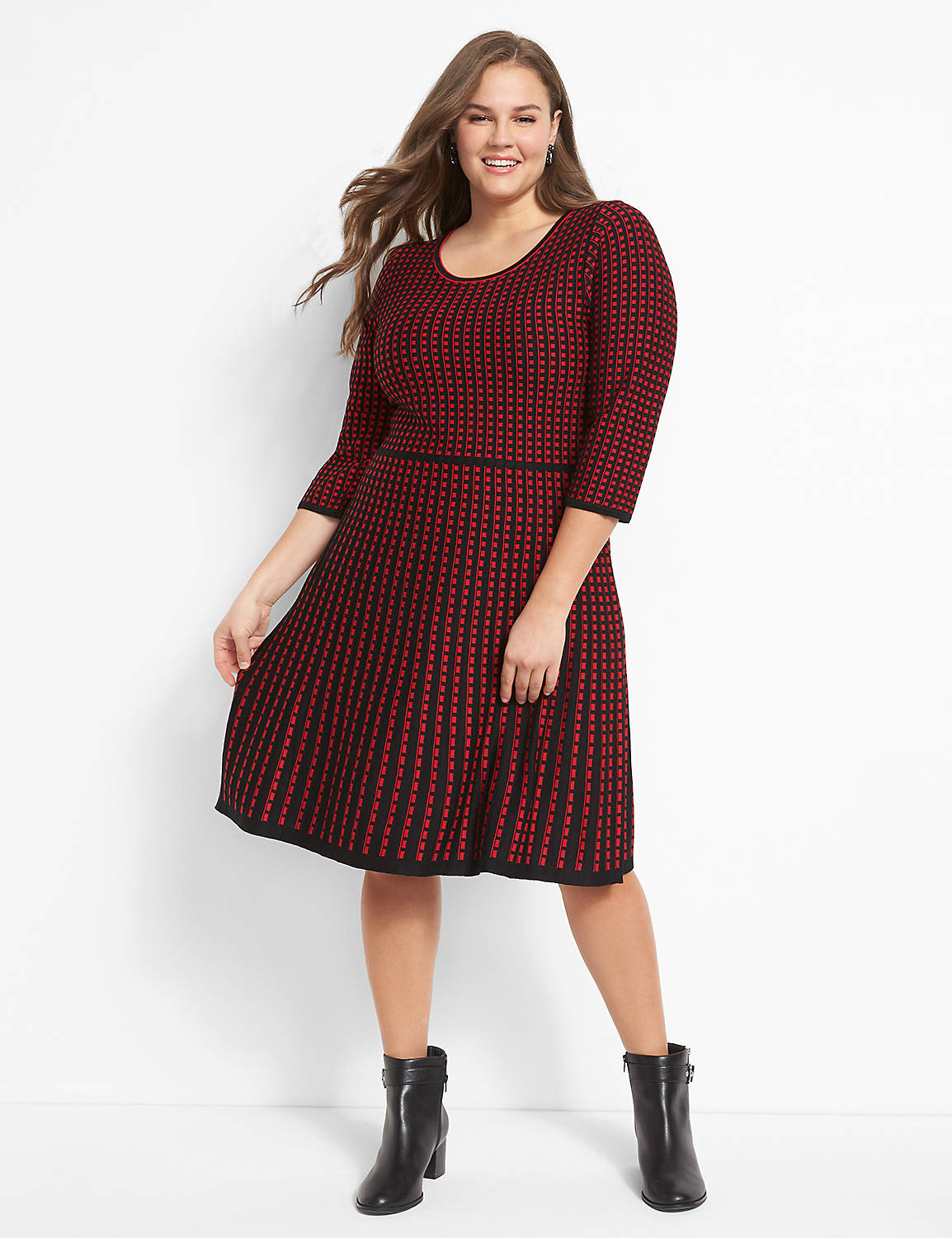 3/4 Sleeve Crew Neck Fit & Flare Sweater Dress 1117995:PANTONE Haute Red:10/12 Product Image 1