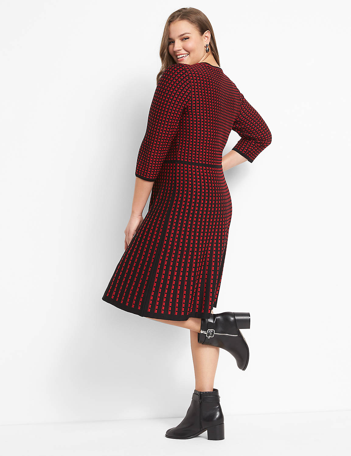 3/4 Sleeve Crew Neck Fit & Flare Sweater Dress 1117995:PANTONE Haute Red:10/12 Product Image 2
