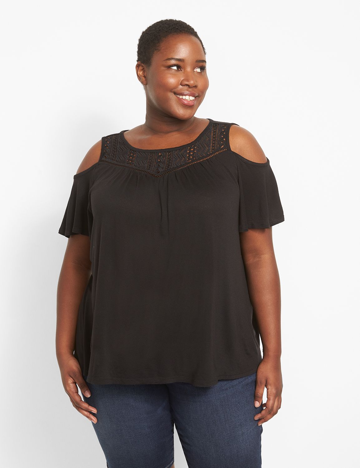 Swing Cold Shoulder Crew Neck Lace Yoke Top