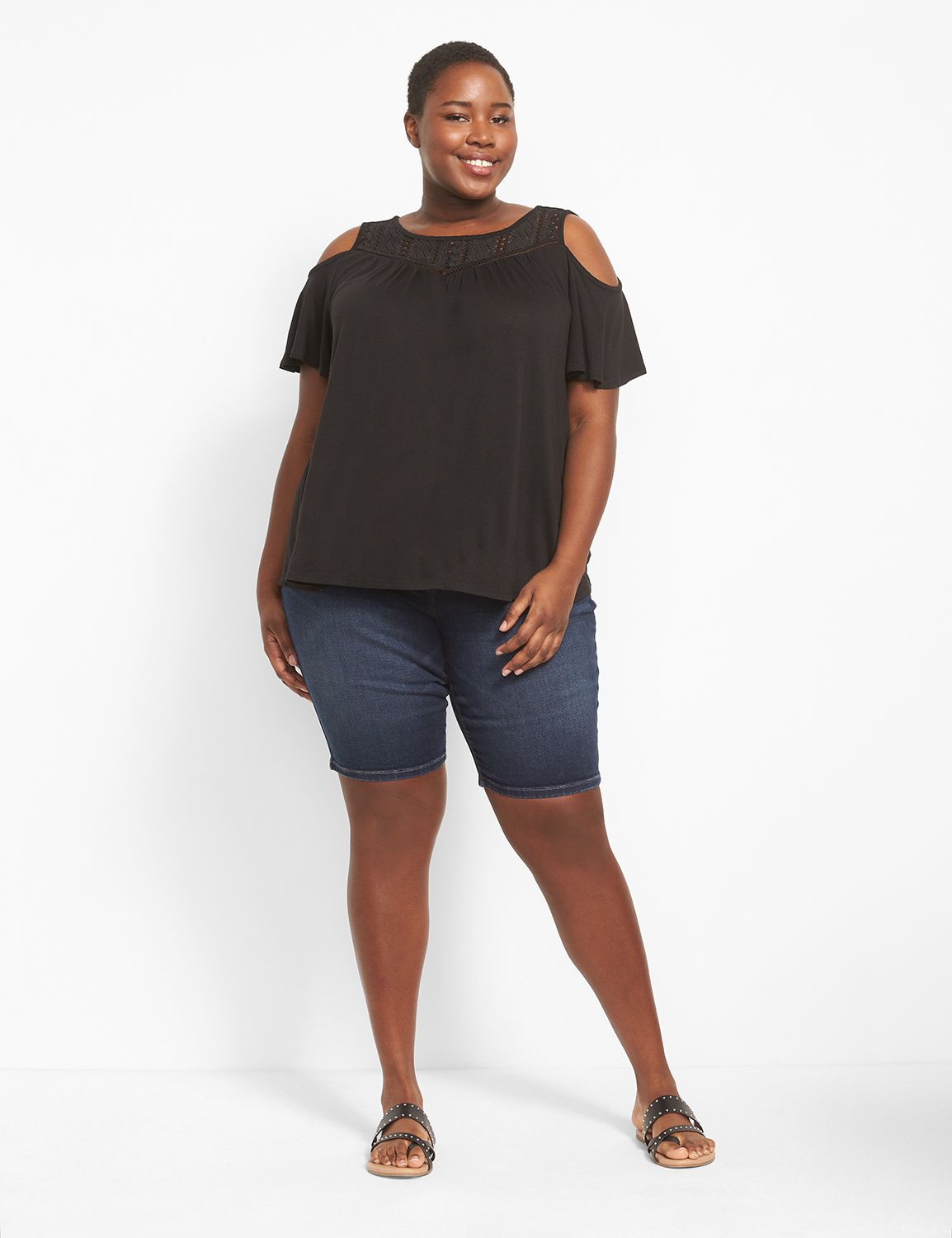 Swing Cold Shoulder Crew Neck Lace Yoke Top