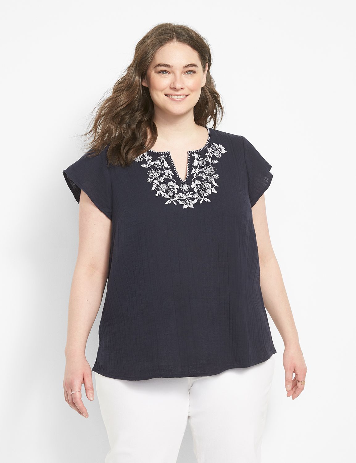 Cap Sleeve Split Neck Embroidered B Product Image 1