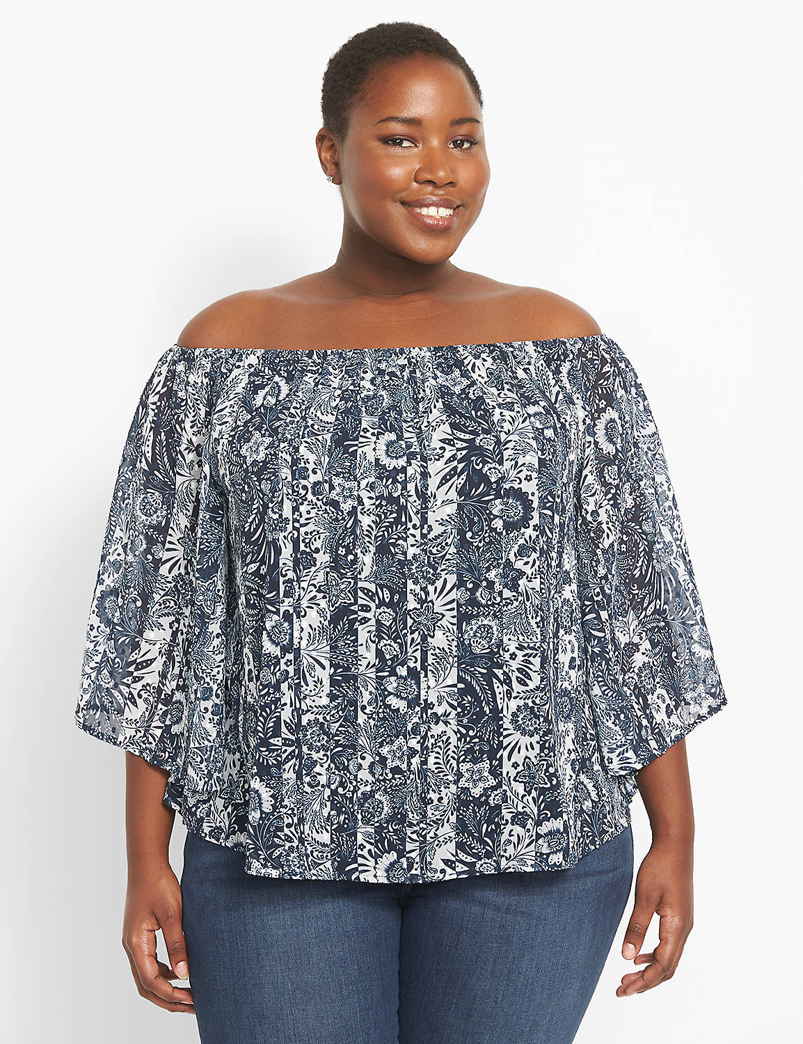 lane bryant relaxed off-the-shoulder blouse 14/16 navy floral