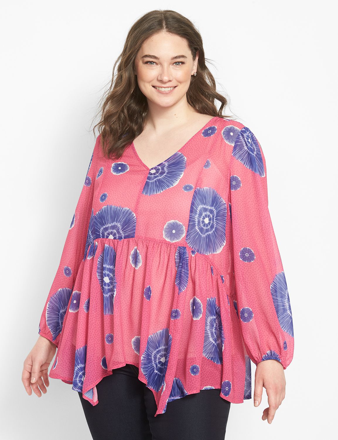 Long Sleeve V Neck Baby Doll Blouse | LaneBryant