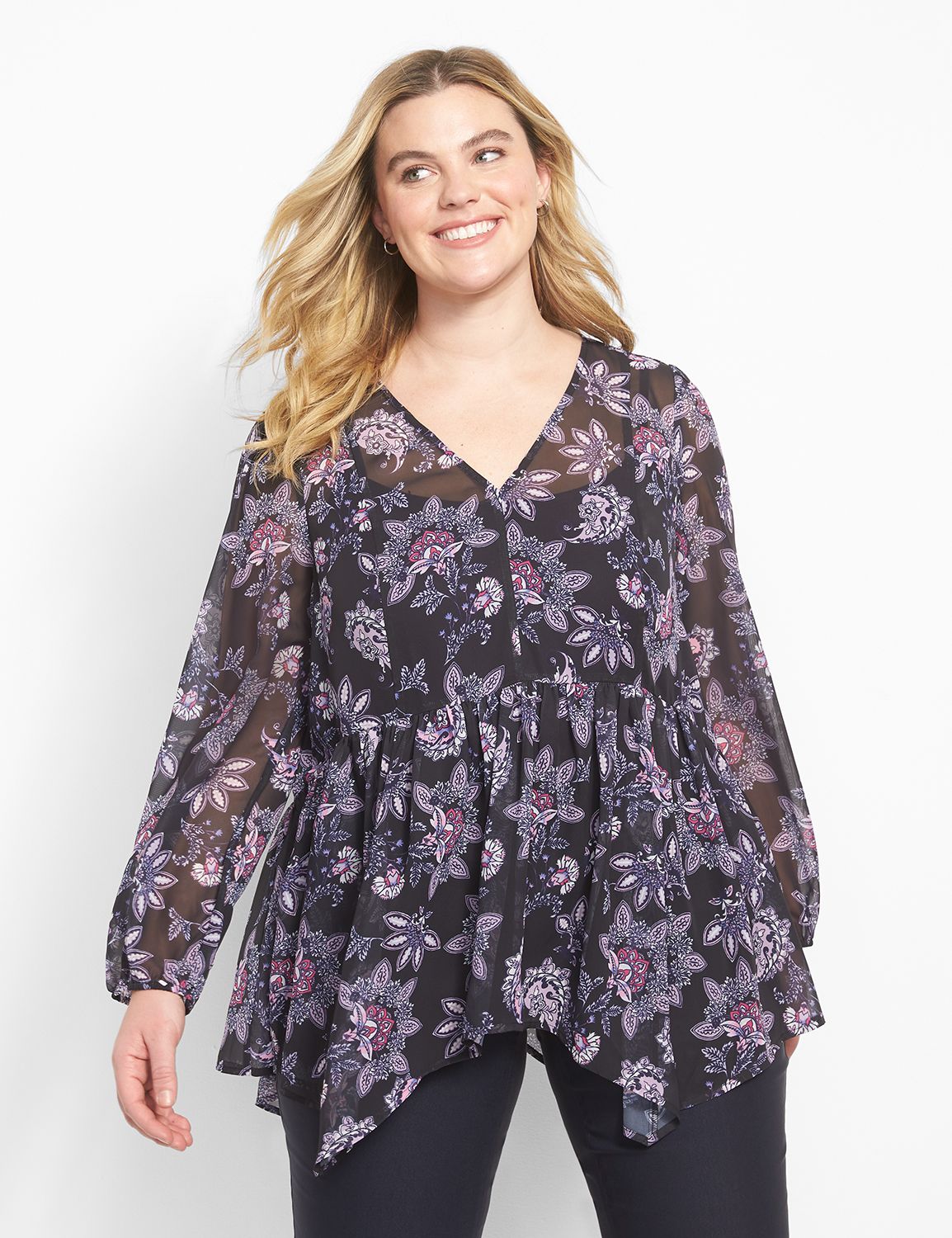 Long Sleeve V Neck Baby Doll Blouse Product Image 1