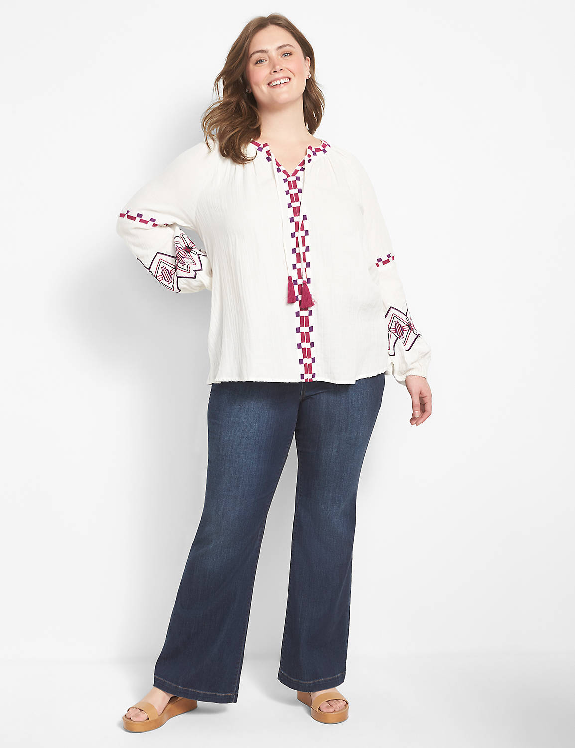 Long Sleeve Split Neck Embroidered Product Image 3