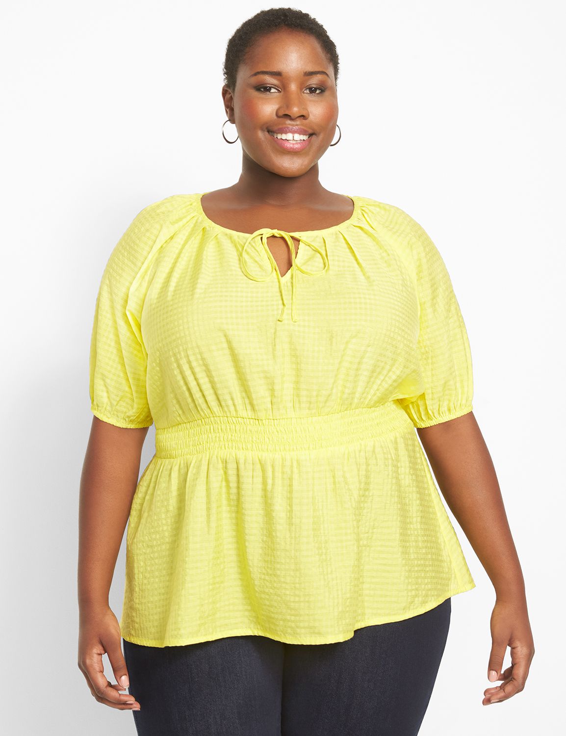 Classic Elbow-Sleeve Split-Neck Peplum Blouse