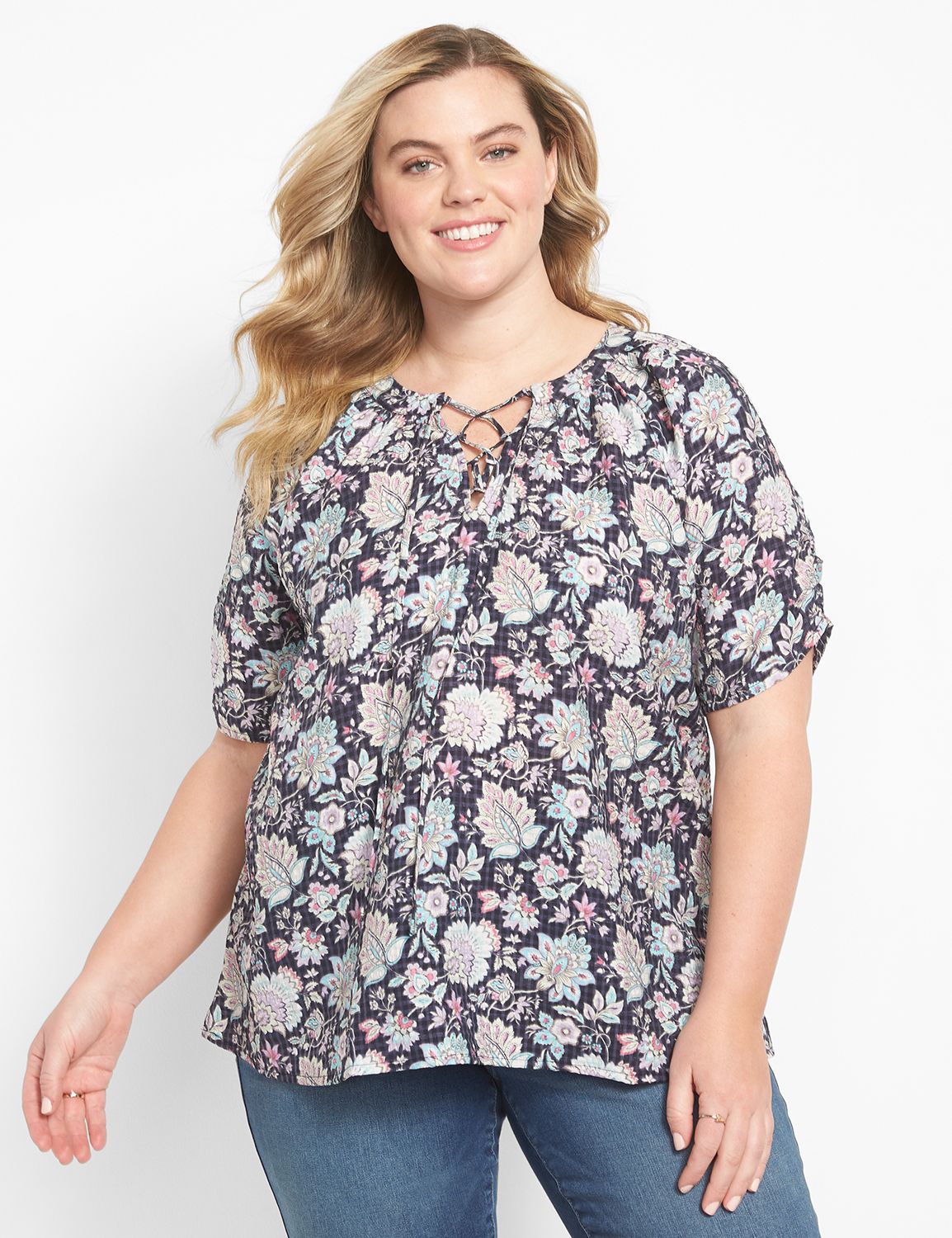 Short Sleeve Split Neck Lace Up Top Product Image 1
