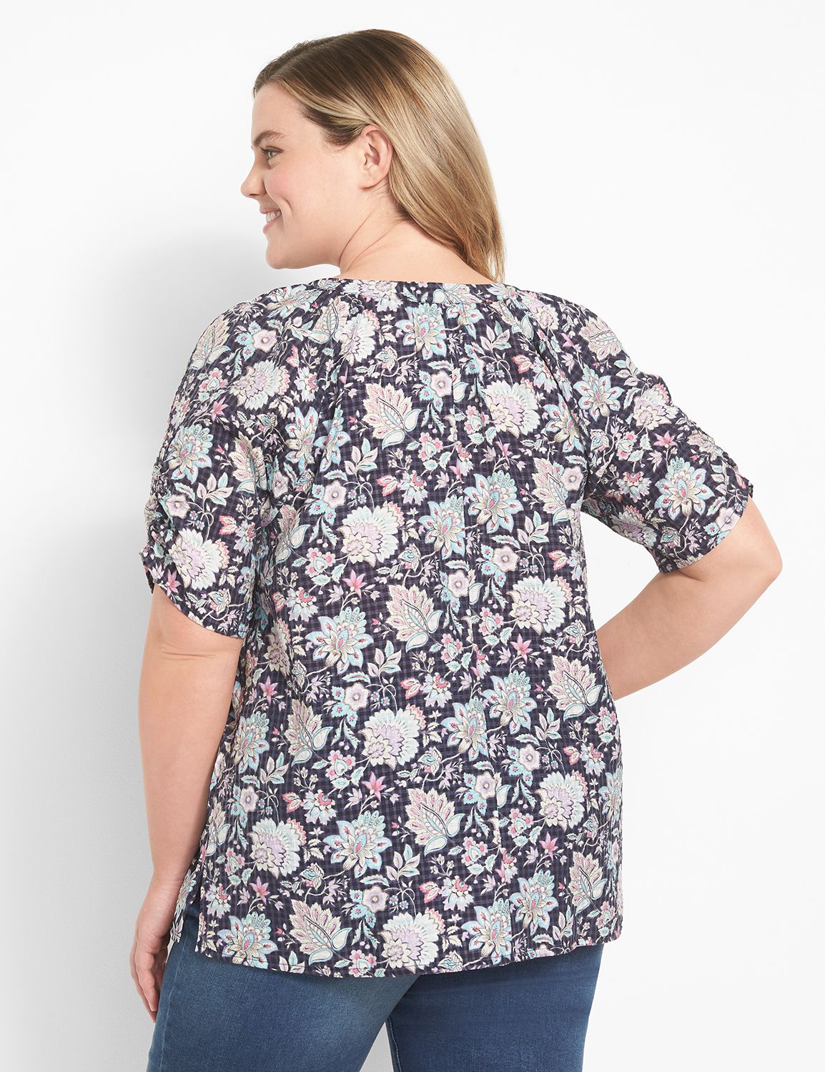 Short Sleeve Split Neck Lace Up Top Product Image 2