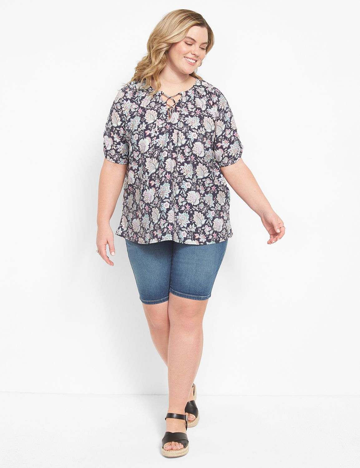 Short Sleeve Split Neck Lace Up Top Product Image 3