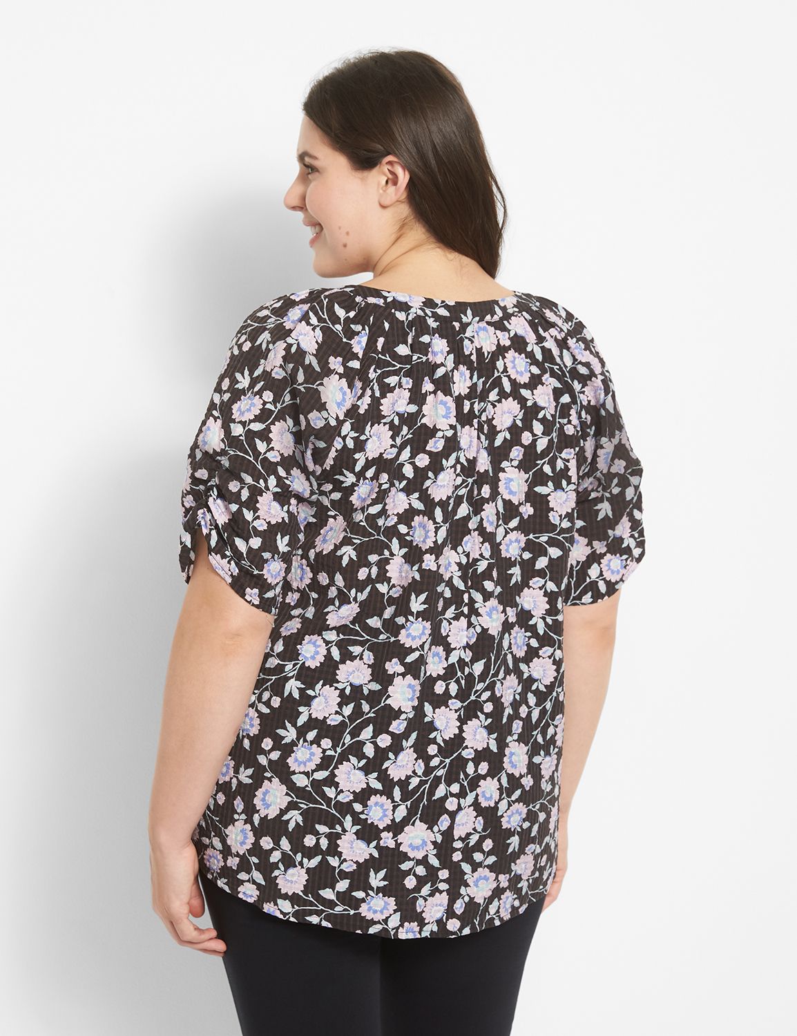 Short Sleeve Split Neck Lace Up Top Product Image 2