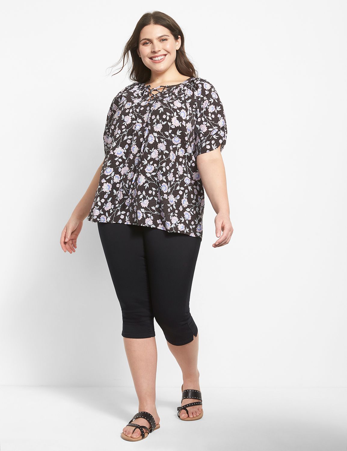 Short Sleeve Split Neck Lace Up Top Product Image 3