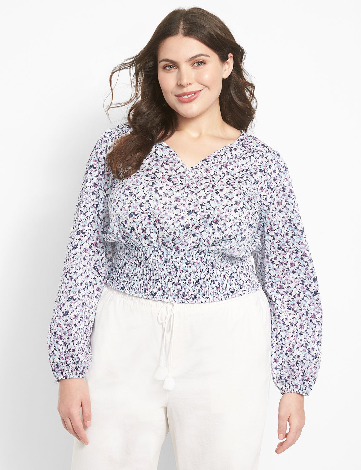 Crushed Smocked Sleeve Navy Crew Neck