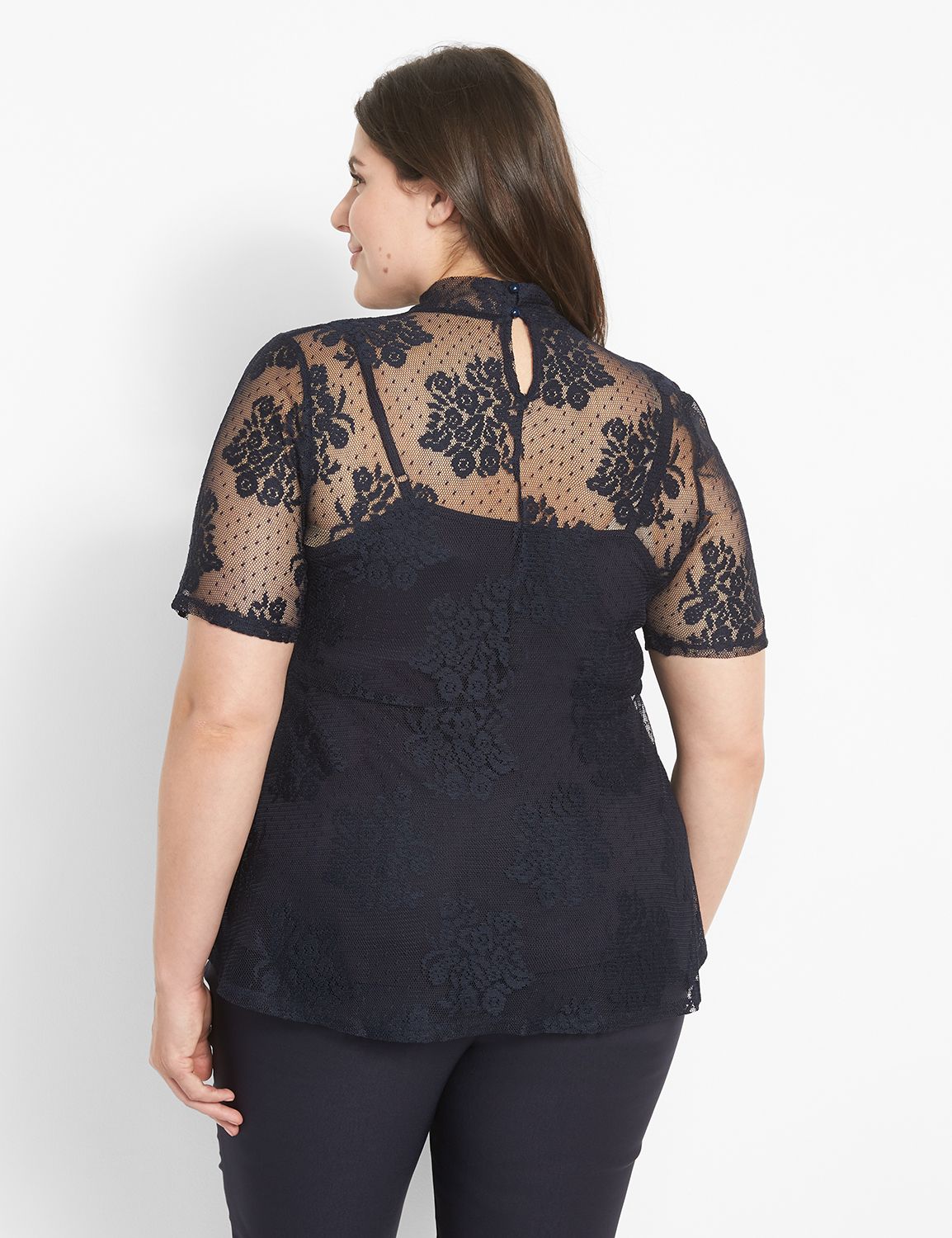 Relaxed Perfect Sleeve Mock Neck Sheer Lace Shirt