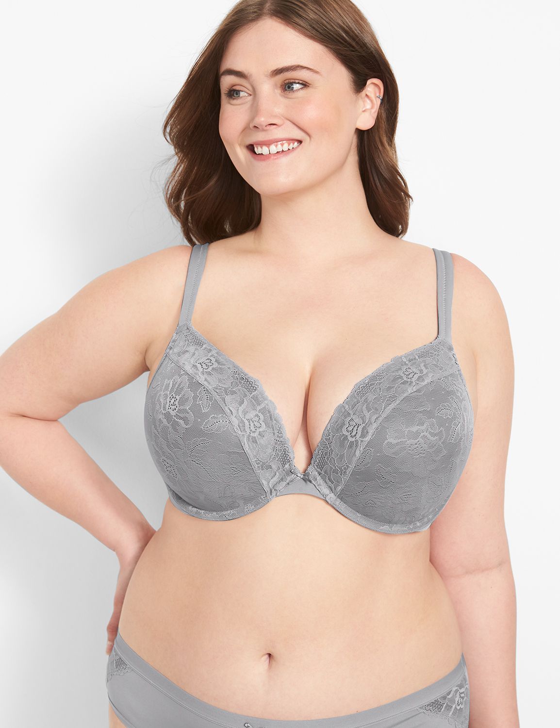 38F Cacique Lane Bryant Cotton Smooth Boost Plunge Bra FALLING SNOW GRAY  NWT